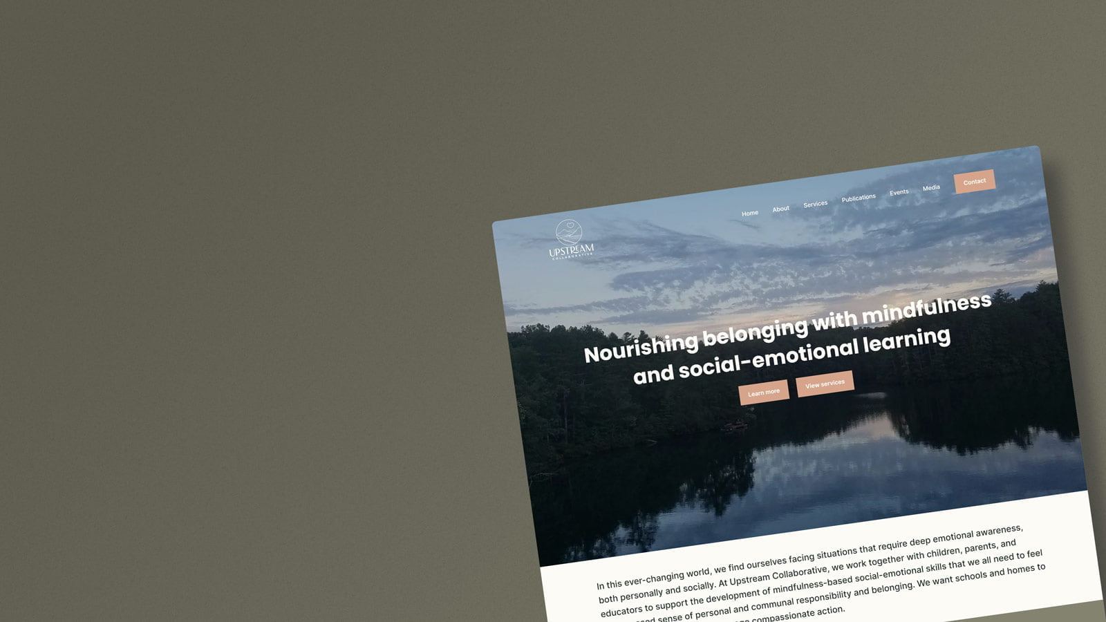 Web design mockup of Upstream Collaborative's homepage, UI/UX design.